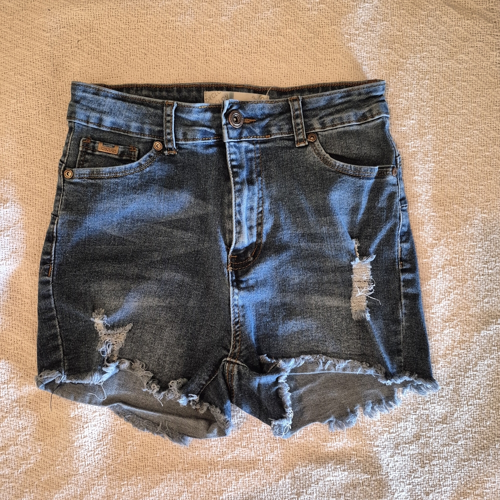 Distressed High-Rise Denim Shorts in Blue